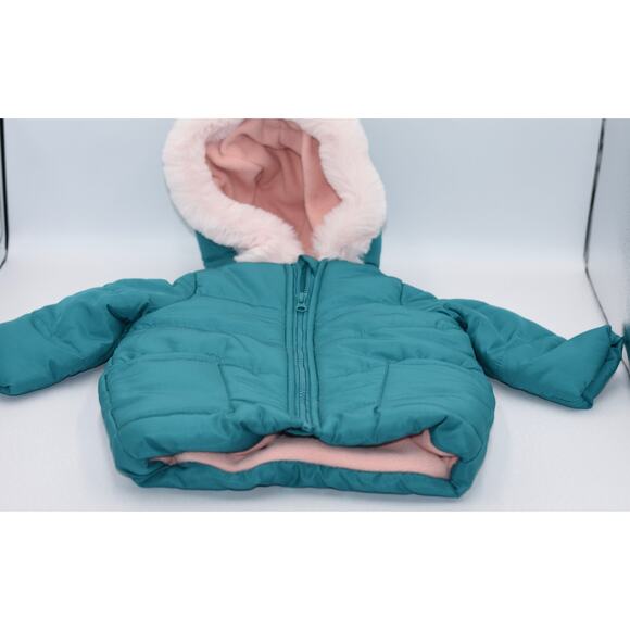 NWT First impressions teal Coat Jacket pink inside Baby Girl 3-6 Months - Picture 3 of 7
